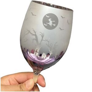 Halloween Wine Glass Frosted Metallic Silver Purple Graveyard Witch Bats